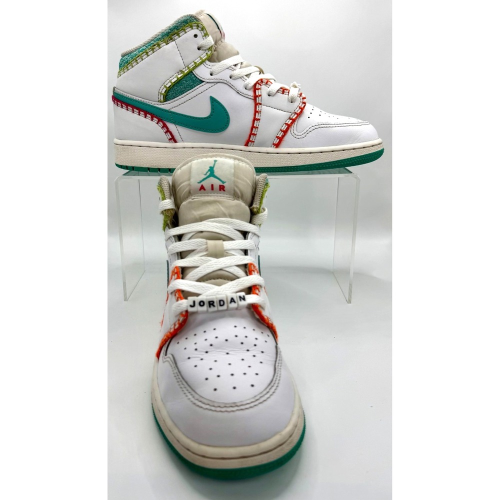 Nike Air Jordan 1 Mid SE Multi Knit White Teal Orange Sneakers Sz 6.5Y/Women 8
